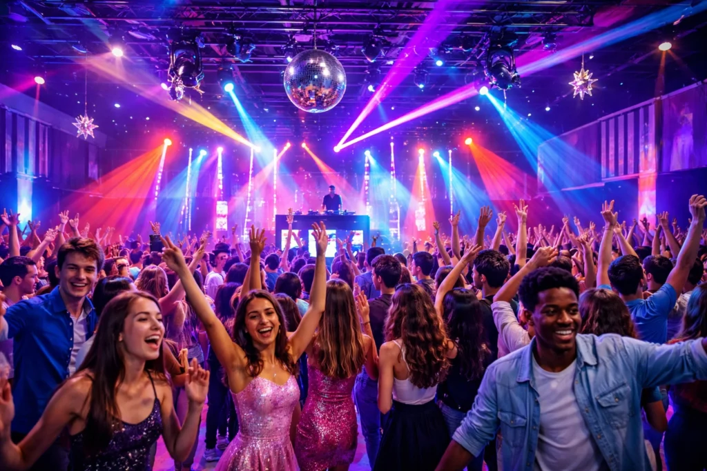 A large crowd of people dance and celebrate under colorful lights at a nightclub, with a DJ performing on stage and a disco ball hanging from the ceiling.