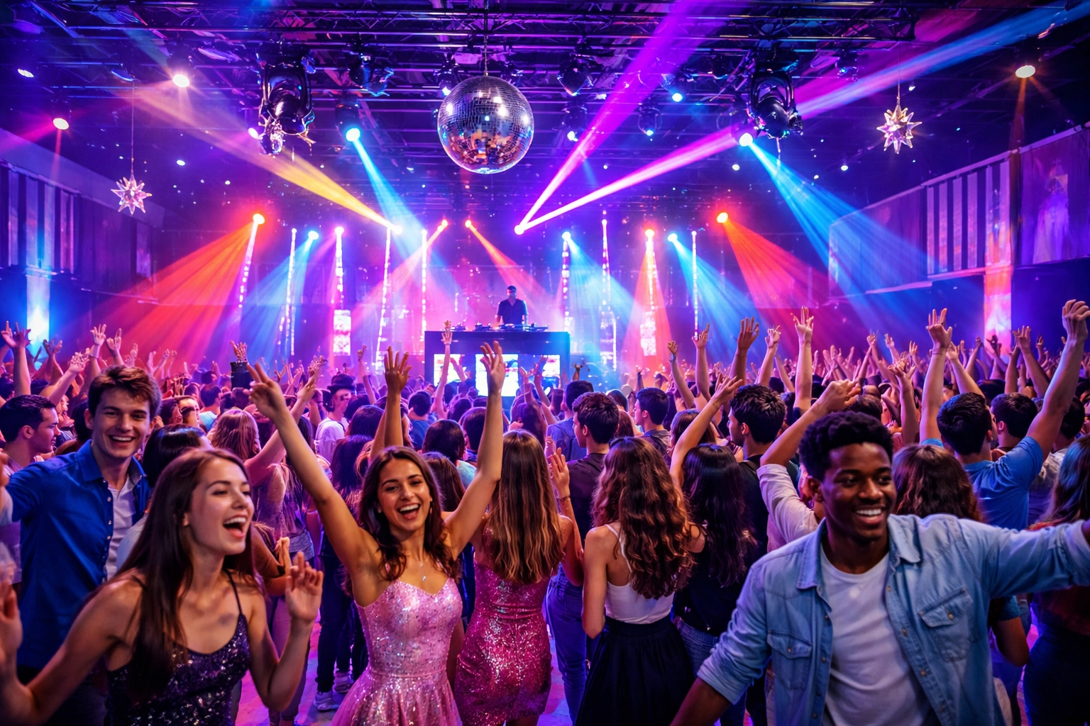 A large crowd of people dance and celebrate under colorful lights at a nightclub, with a DJ performing on stage and a disco ball hanging from the ceiling.