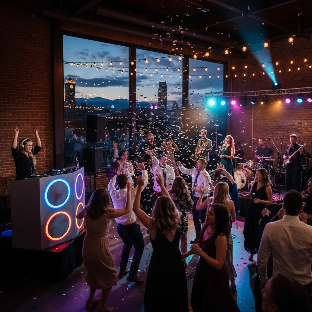 People dance under string lights at an indoor party with a live band and DJ as confetti falls. Large windows reveal a city skyline at dusk.