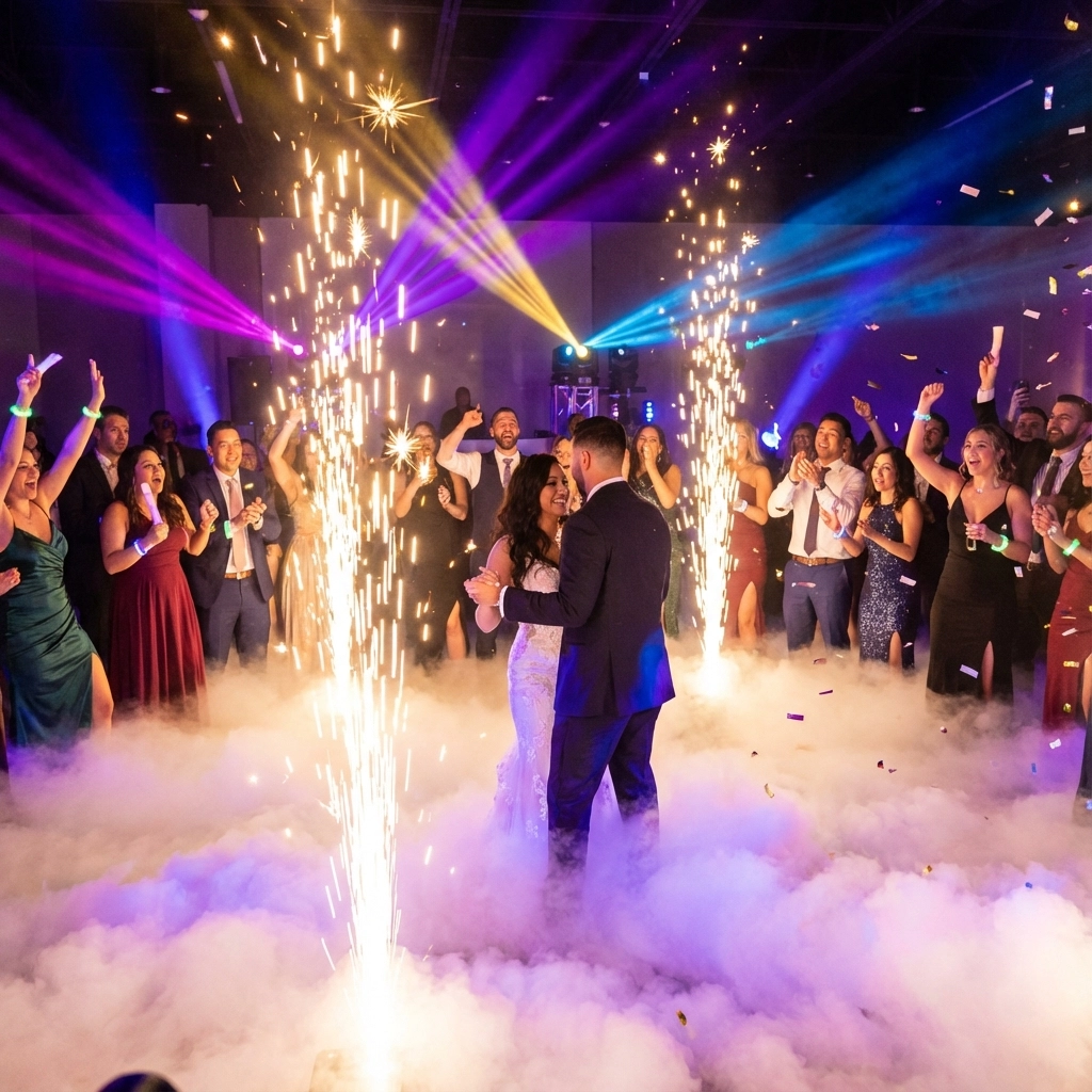 A couple dances in the center of a crowd on a fog-covered floor, surrounded by sparkler fountains and colorful stage lights, with guests cheering around them.