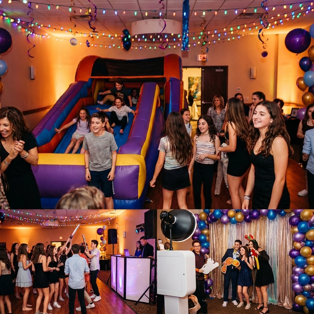 A group of teens at a party with an inflatable slide, DJ, photo booth, and colorful balloons and decorations.