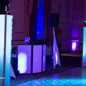 A stage with lights and speakers for a bar mitzvah.