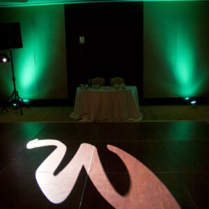 A green lit dance floor with the letter w on it.