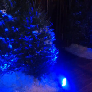 A christmas tree is lit up with blue lights.