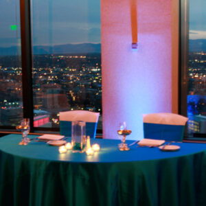 A blue tablecloth on a table.