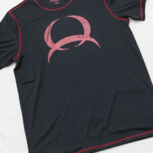 An apparel with a black t-shirt and a red logo on it.