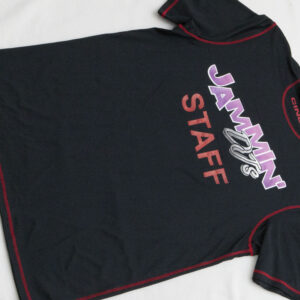 Apparel: A jammin' staff black t-shirt.