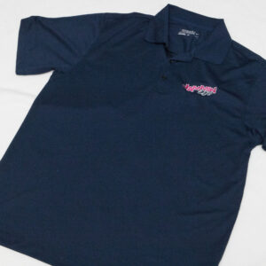 A nike apparel polo shirt with a pink logo on it.