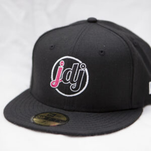 A black hat with a pink logo on it, perfect apparel for adding a stylish touch to any outfit.
