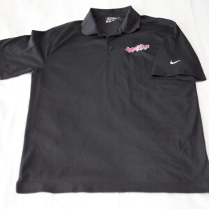 A black Nike polo shirt with a red logo on it, perfect for apparel enthusiasts.