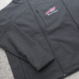 A gray jacket with a pink logo, perfect for apparel enthusiasts.