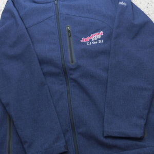 An apparel item, a blue jacket, with a logo on it.