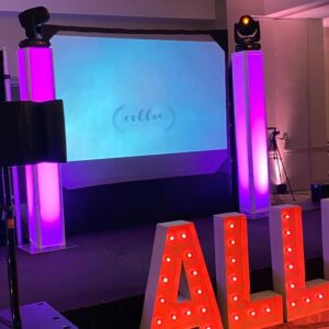 A stage with the word all in front of it, featuring bar mitzvah pictures and bat mitvah pictures.