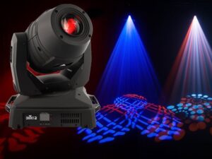 A DJ equipment featuring a moving light with blue and red lights.