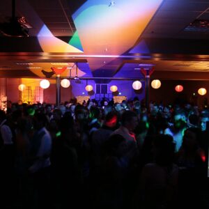 Overview: A school dance where a group of people enjoy themselves with a dj.