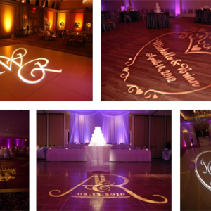 A collage of pictures of a wedding reception with a monogram on the dance floor featuring a DJ.
