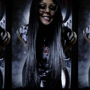 Four pictures of a woman with long black hair at a wedding DJ service.