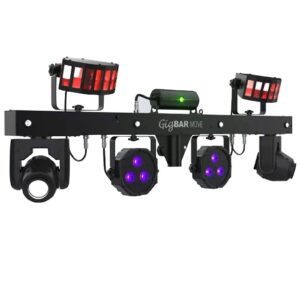 DJ equipment with several attached units including spotlights and led panels, labeled "gigbar move" on a black bar.