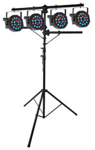 Four multicolored LED stage lights, part of DJ equipment, mounted on a black tripod stand.