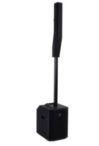 Portable DJ equipment featuring a line array speaker system with a black subwoofer base and a tall, slim column speaker, isolated on a white background.