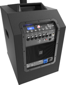 Portable black speaker with integrated control panel, displaying various knobs and input jacks, from the brand EV, ideal for DJ equipment.
