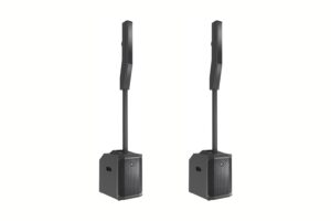 Two modern black DJ equipment column pa systems with subwoofers isolated on a white background.