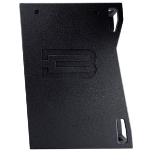 A black, rectangular, angled metal plate with a large embossed "B" logo and two bolt holes on opposite corners, ideal for your DJ equipment setup.