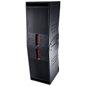 A black server rack with red accents, vertically oriented, resembling sleek DJ equipment, featuring multiple slots for storage and ventilation.