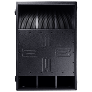 A black subwoofer with a rectangular body featuring perforated metal screens on top, the manufacturer's logo, and dual port openings at the bottom—a perfect addition to any DJ equipment setup.
