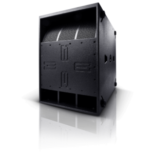 A black, cube-shaped speaker with mesh and panel detailing, reminiscent of high-end DJ equipment, shown on a reflective surface.