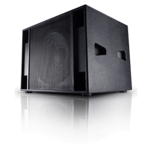 A black subwoofer speaker with a perforated front panel, rectangular shape, and reflective surface on the bottom—perfect for enhancing your DJ equipment setup.