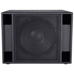 A large, black, professional PA speaker designed for DJ equipment, featuring a mesh grille, centered cone speaker, and two rectangular air ports on each side.