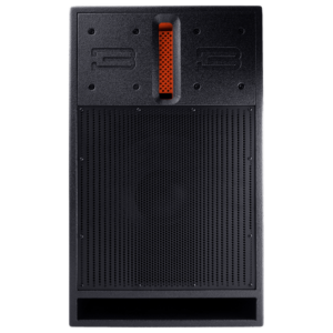Front view of a black audio speaker with small perforations and an orange accent in the center, perfect for any DJ equipment setup.
