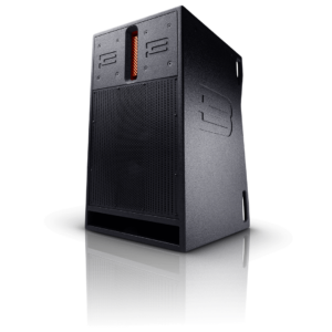 A black, tower-shaped computer case with a vertical orange light strip at the front, featuring side ventilation and a minimalist design, standing on a reflective surface reminiscent of sleek DJ equipment.
