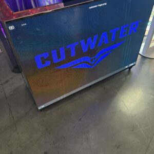 Large display screen showing the Cutwater logo with a stylized bird design on a dark background.