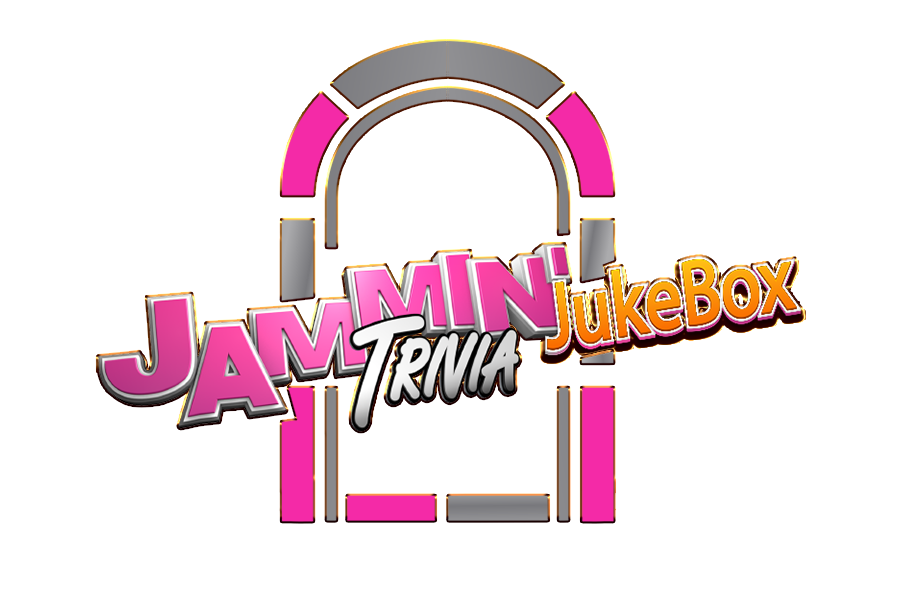 Logo featuring "Jammin' Trivia Jukebox" with a stylized jukebox design in pink, gray, and gold tones, capturing the excitement of live games.