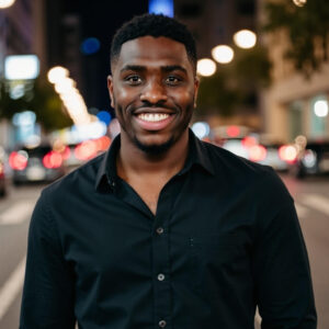 A person in a black shirt smiles while standing on a well-lit city street at night.