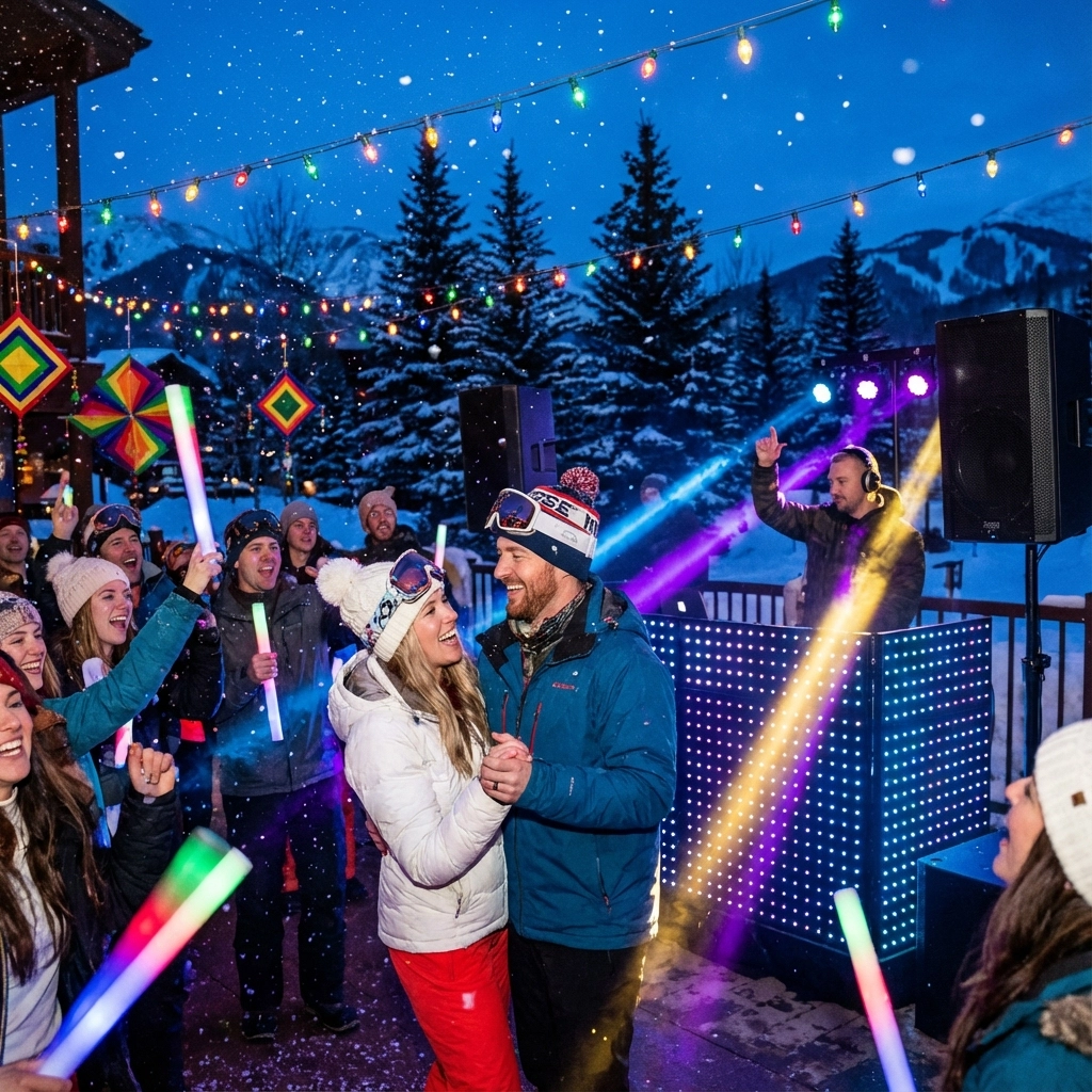 People in winter clothing dance and hold light sticks at an outdoor party with a DJ, string lights, and snowy mountains in the background.