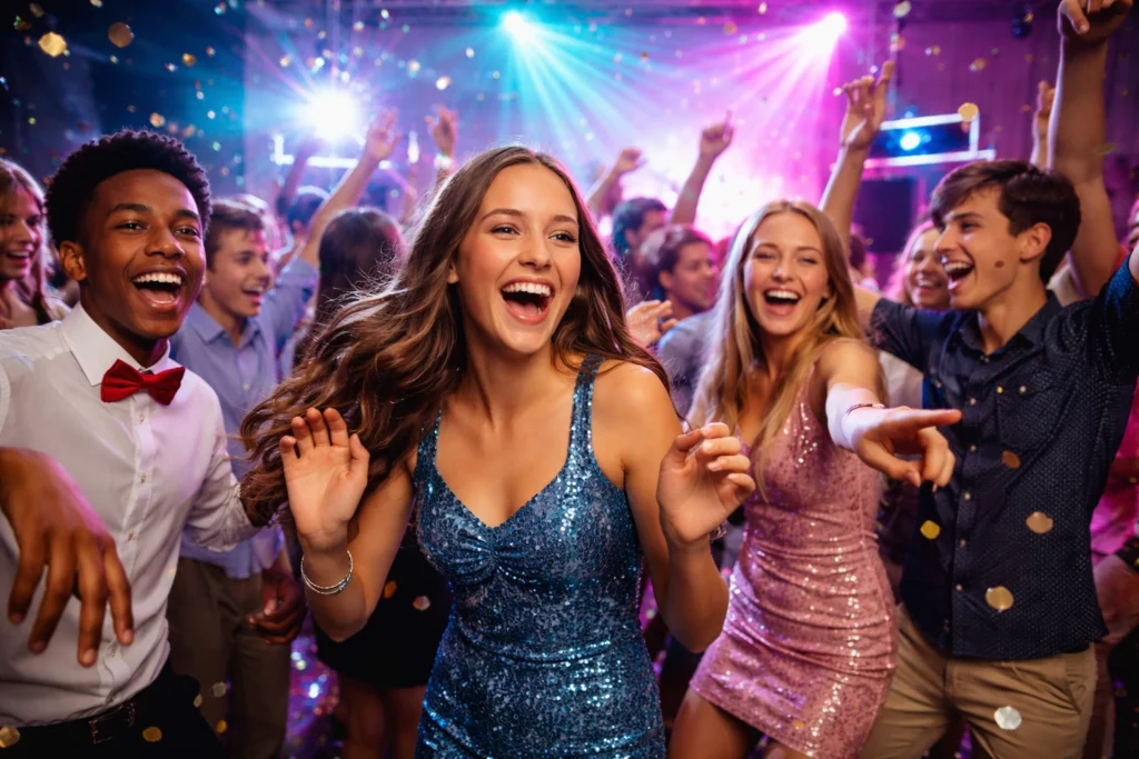 A group of young people dance and laugh at a party under colorful lights, with confetti in the air.