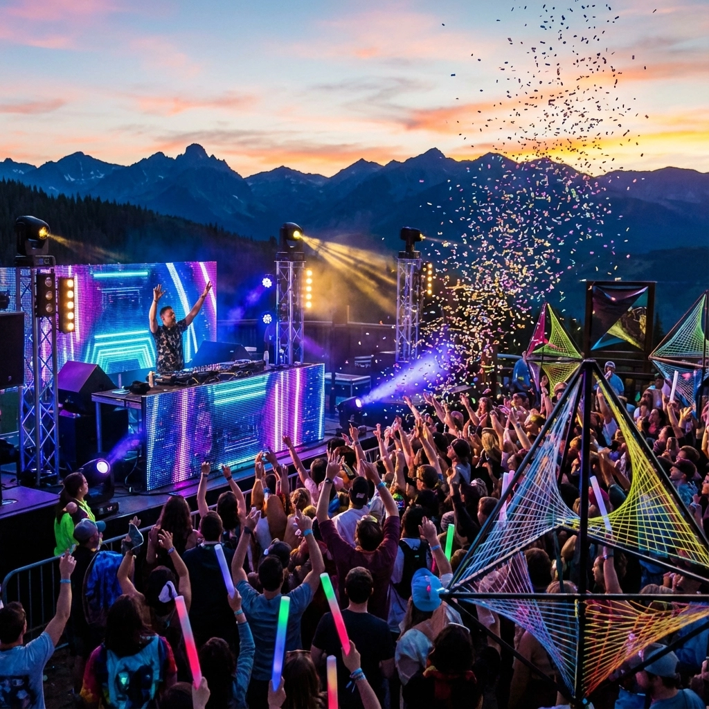 A DJ performs on an illuminated stage at sunset with mountains in the background, while a crowd waves glow sticks and confetti falls in the air.