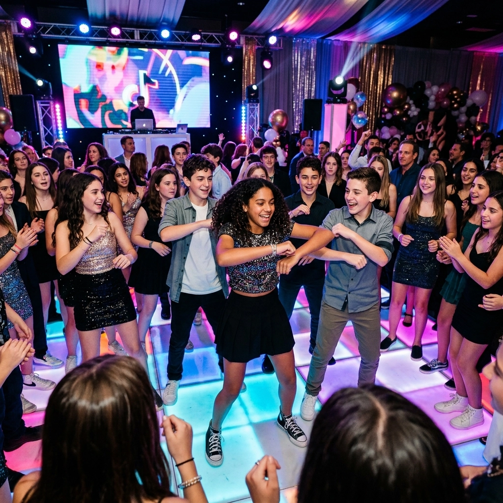 A large group of teenagers dance together on a lit-up floor at a party, with a DJ performing on a stage in the background.