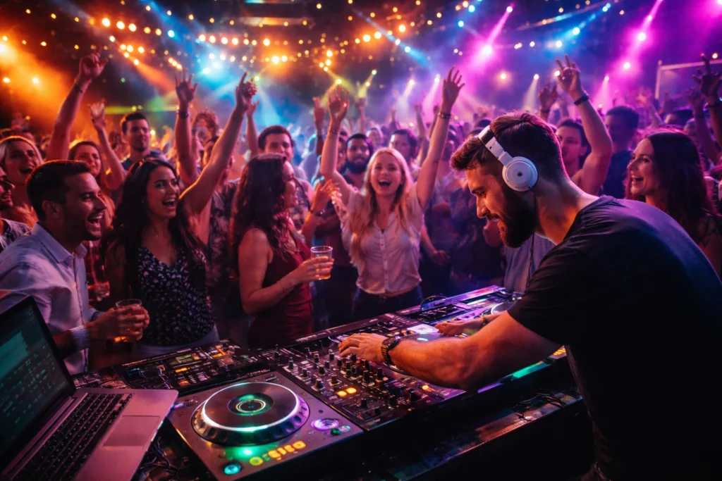 A DJ wearing headphones mixes music at a lively party with a cheering crowd, colorful lights, and festive decorations in the background.