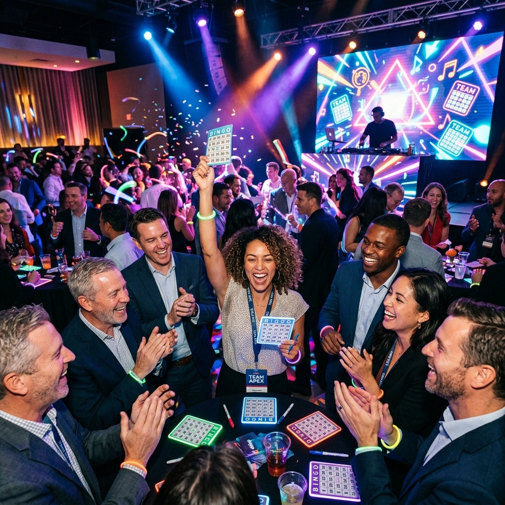 A group of people sit around a table at an event, smiling and celebrating as one woman raises a bingo card; a DJ and colorful lights are in the background.