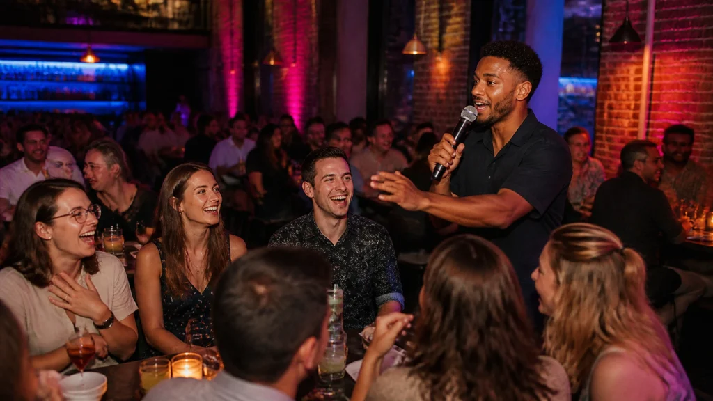 A comedian performs with a microphone for a laughing audience at a crowded, dimly lit comedy club with exposed brick walls and colorful lighting.