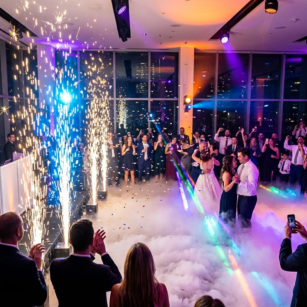 A bride and groom share their first dance on a smoke-covered floor, surrounded by guests, with fireworks and colorful lights in a modern reception hall.
