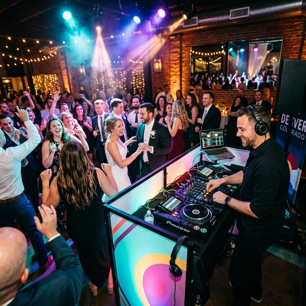 A DJ performs at a lively indoor wedding reception as guests in formal attire dance and celebrate under string lights and colorful stage lighting.