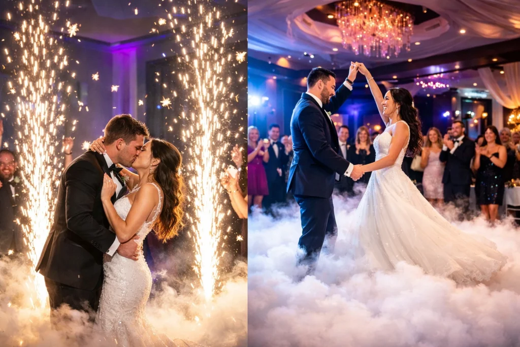 A bride and groom share their first dance at a wedding reception with dramatic lighting, sparklers, and fog effects as guests look on.