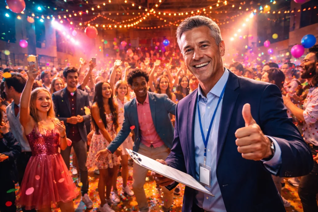 A smiling man in a suit gives a thumbs-up while holding a clipboard at a festive party with a cheering crowd, balloons, and confetti in the background.