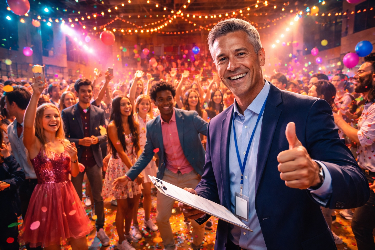A smiling man in a suit gives a thumbs-up while holding a clipboard at a festive party with a cheering crowd, balloons, and confetti in the background.