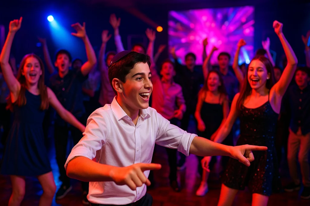 A boy in a white shirt dances and smiles at a lively party, surrounded by cheering people with raised arms under colorful lights.